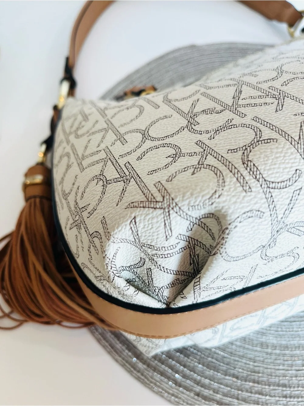 CALVIN KLEIN Shoulder Bag “HOLLY” Monogram Hobo Gold-Tone Tassel 13x11x6”